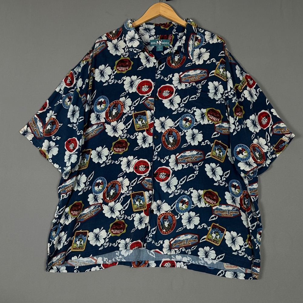 Big Dogs Mens 4X Hawaiian Shirt Navy Blue Rayon Hibiscus Big Kahuna Hotel Print